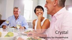  Presentation with group - Colorful slide set enhanced with 50 party - group of mature friends enjoying backdrop and a lemonade colored foreground