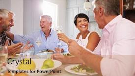  Presentation with friends - PPT theme consisting of 50 party - group of mature friends enjoying background and a coral colored foreground