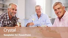  Presentation with friends - PPT theme having 50 party - portrait of mature male friends background and a coral colored foreground