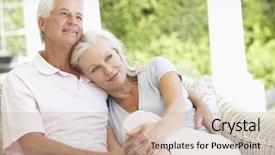  Presentation with senior couple - Presentation design with 50 s - senior couple relaxing on seat background and a coral colored foreground