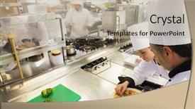  Presentation with cooking equipment kitchen utensils - PPT theme having 50 s restaurant - cooks preparing pizza in busy background and a  colored foreground