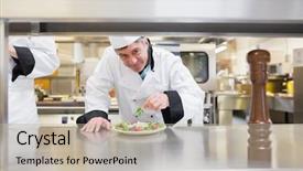  Presentation with salad - PPT theme featuring 50 s restaurant - smiling chef garnishing salad background and a mint green colored foreground