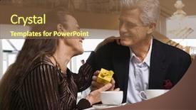  Presentation with giving - Slides enhanced with 50 anniversary - caucasian mature adult male giving background and a tawny brown colored foreground