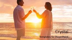 Presentation with romantic beach - PPT theme with 50 anniversary - happy romantic mature couple enjoying background and a coral colored foreground