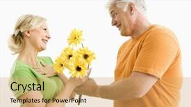  Presentation with man vs woman - Cool new PPT theme with 40 year anniversary - middle-aged man giving woman bouquet backdrop and a yellow colored foreground