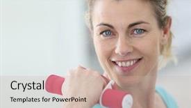  Presentation with lifting people up - PPT theme enhanced with 50 years - portrait of mature fitness woman background and a soft green colored foreground