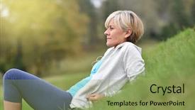 Presentation with fitness for senior citizens - Colorful PPT theme enhanced with 50 years - senior woman in fitness outfit backdrop and a seafoam green colored foreground