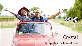  Presentation with vintage car - PPT theme enhanced with 500 - happy senior couple driving vintage background and a lemonade colored foreground