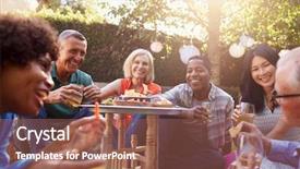  Presentation with friends eating and drinking wine - PPT theme enhanced with 50s culture - group of mature friends enjoying background and a violet colored foreground