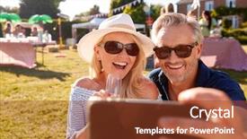  Presentation with mature students sitting at desks - Presentation design featuring 50s culture - mature couple sitting on rug background and a tawny brown colored foreground