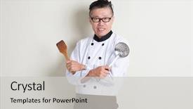  Presentation with holding hands - Presentation theme featuring 50s mature asian male chef background and a light gray colored foreground
