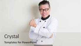  Presentation with copy space - Slide set enhanced with 50s mature asian male chef background and a light gray colored foreground