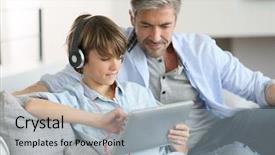  Presentation with father - Slide set having 50s music - father watching kid playing background and a light blue colored foreground