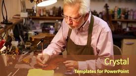  Presentation with workshop - PPT theme enhanced with 50s music - man restoring violin in workshop background and a tawny brown colored foreground