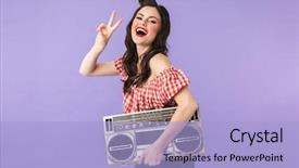  Presentation with old style vintage postcard - Colorful presentation enhanced with 50s music - portrait of positive pin-up woman backdrop and a light blue colored foreground