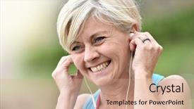  Presentation with fitness for senior citizens - Slide set featuring 50s music - portrait of senior woman adjusting background and a  colored foreground