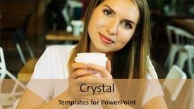  Presentation with coffee - Presentation design featuring 5g technology free - blond woman drinking coffee background and a yellow colored foreground