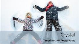  Presentation with angels - Amazing presentation theme having happy boy and girl having fun together laying in a snow making snow angels backdrop and a light blue colored foreground