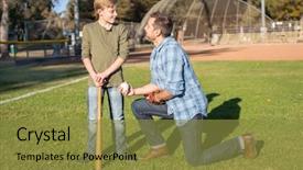  Presentation with father teaching children - Presentation enhanced with 6 practice - father coach teaching son baseball background and a gold colored foreground