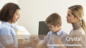  Presentation with mother child - Audience pleasing theme consisting of 6 practice - nurse injecting child with mother backdrop and a coral colored foreground