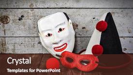  Presentation with masks - Slide set with vintage carnival masks hat and nose shallow focus focus on clown hat background and a tawny brown colored foreground