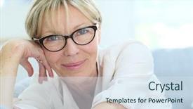  Presentation with advisor to senior clients - Cool new PPT theme with 60 years - portrait of senior woman backdrop and a  colored foreground