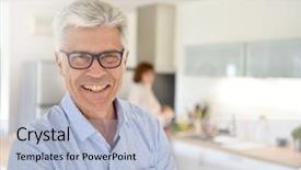  Presentation with old wite man and his music - Cool new PPT theme with 60 years - portrait of smiling senior man backdrop and a light blue colored foreground