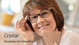  Presentation with senior heands - Slides with 60 years - portrait of smiling senior woman background and a  colored foreground