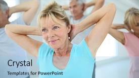  Presentation with senior fitness - Slide deck featuring 60 years - senior people stretching background and a  colored foreground