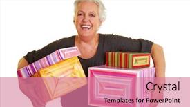  Presentation with happy birthday - PPT theme consisting of 60 years birthday - happy senior woman holding many background and a coral colored foreground