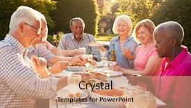  Presentation with outdoor party - Cool new theme with 60s - group of senior friends enjoying backdrop and a coral colored foreground