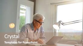  Presentation with office ergonomics man worker exercising - Beautiful presentation design featuring 60s - mature man in office using backdrop and a coral colored foreground