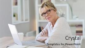  Presentation with cyber stalking computer laptop suffering - Beautiful slide deck featuring 60s - portrait of senior woman working backdrop and a light gray colored foreground