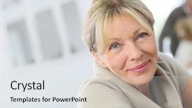  Presentation with 60s - PPT theme with 60s - portrait of smiling senior woman background and a white colored foreground