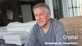  Presentation with advisor to senior clients - Presentation theme enhanced with 60s 60s - portrait of senior man background and a  colored foreground