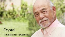  Presentation with gold man smile - Audience pleasing slide set consisting of 60s 60s - portrait of smiling senior man backdrop and a  colored foreground