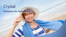  Presentation with honolulu senior on a beach - PPT layouts enhanced with 60s 60s - portrait of smiling senior woman background and a sky blue colored foreground