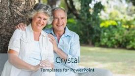  Presentation with mature students sitting at desks - Presentation design consisting of 60s 60s - smiling mature couple sitting together background and a  colored foreground