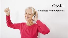  Presentation with listening woman - PPT theme featuring 60s dancing - happy senior woman listening music background and a white colored foreground