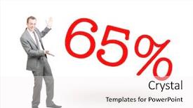  Presentation with percent - Audience pleasing slides consisting of 65 percent - businessman proudly presenting 65 backdrop and a  colored foreground