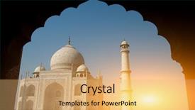  Presentation with agra - Audience pleasing PPT theme consisting of 7 ancient wonders world - taj mahal view behind arch backdrop and a yellow colored foreground