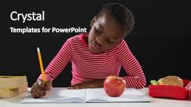  Presentation with homework - Colorful PPT theme enhanced with 7 contenent - attentive schoolgirl doing her homework backdrop and a  colored foreground