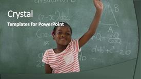  Presentation with classroom - Audience pleasing PPT theme consisting of 7 contenent - portrait of schoolgirl raising hand backdrop and a gray colored foreground