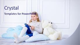  Presentation with knitted clothes - PPT theme having 7 s model - happy 7 year old girl background and a sky blue colored foreground