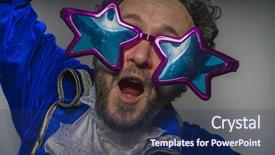  Presentation with ridiculous - Slide deck with 70s disco - hipster man with beard dressed background and a navy blue colored foreground