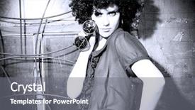  Presentation with 70s disco - Cool new PPT theme with 70s disco - portrait of a brunette girl backdrop and a gray colored foreground