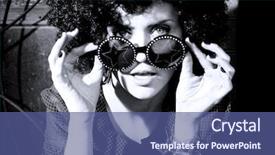  Presentation with tint sunglasses - Slides having 70s disco - portrait of a brunette girl background and a ocean colored foreground