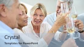  Presentation with champagne - Presentation enhanced with 70s party - group of senior people celebrating background and a light blue colored foreground