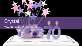  Presentation with cake - PPT layouts consisting of 70th birthday - fancy cake with number 70 background and a violet colored foreground