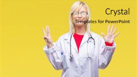  Presentation with medical smiling doctor - Audience pleasing presentation design consisting of 8 points - young beautiful blonde doctor woman backdrop and a  colored foreground